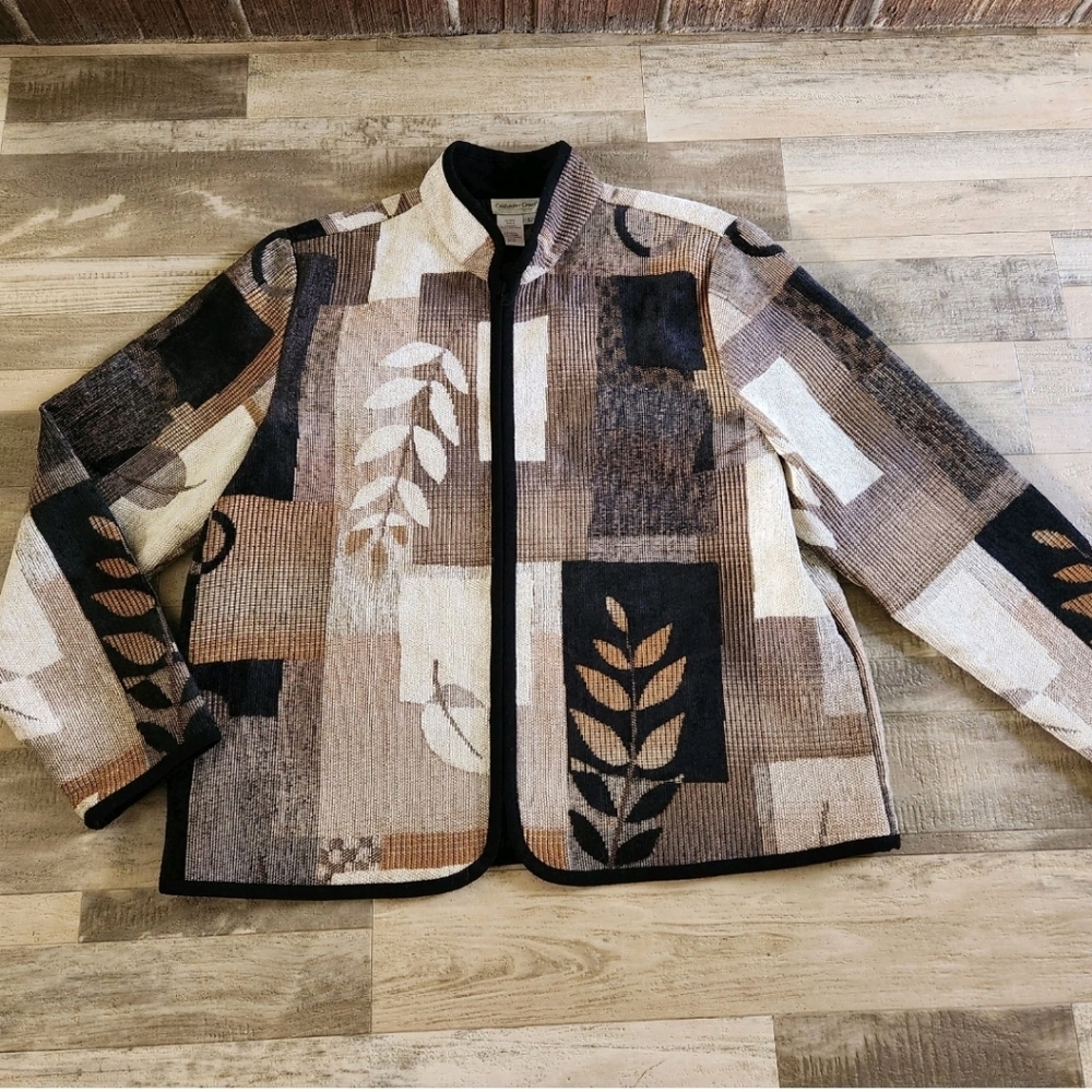 Vtg Boho Tapestry Jacket Women's L Fall Foliage Earth Tone Leaf Art Wear Zip Up - Picture 6 of 16